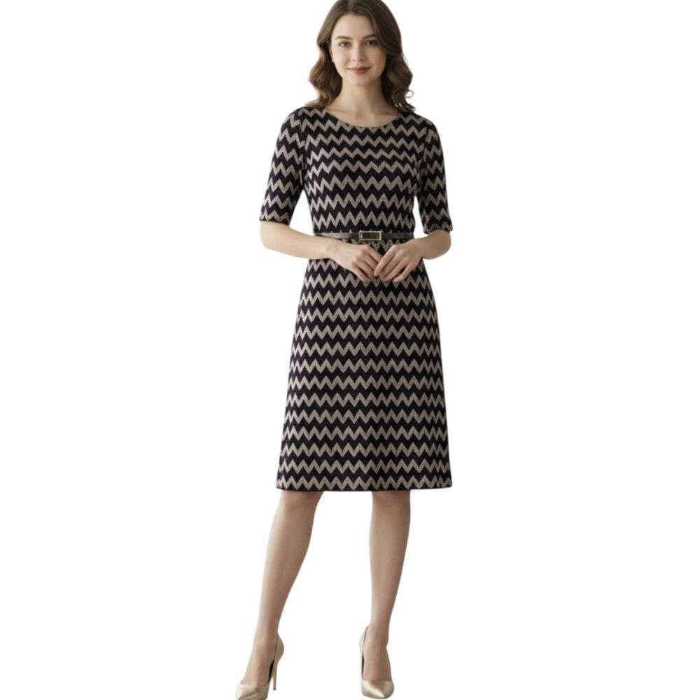 Connected Apparel Dress Womens 10 Black Gold Chevron Metallic Belted A-Line